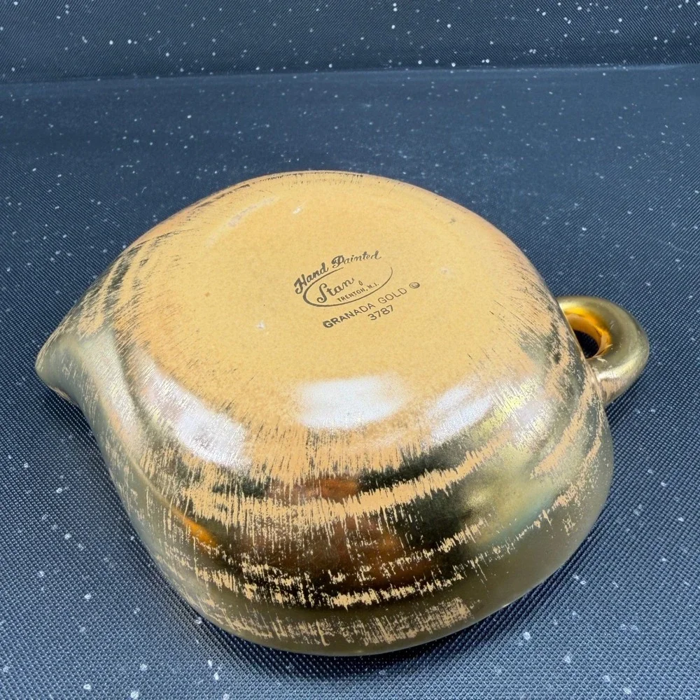 Stangl Pottery Granada Gold Hand Painted Ceramic Leaf Bowl Ring Handle 3787 7in